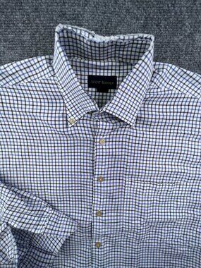 Scott Barber Button Up Shirt Men Large Long Sleeve Blue White Check Cotton **